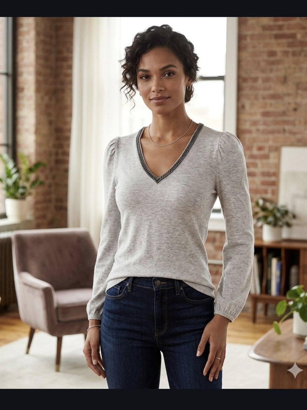 NWT Ralph Lauren Light Heather Gray V-Neck Long Sleeve Top with Embellished Trim